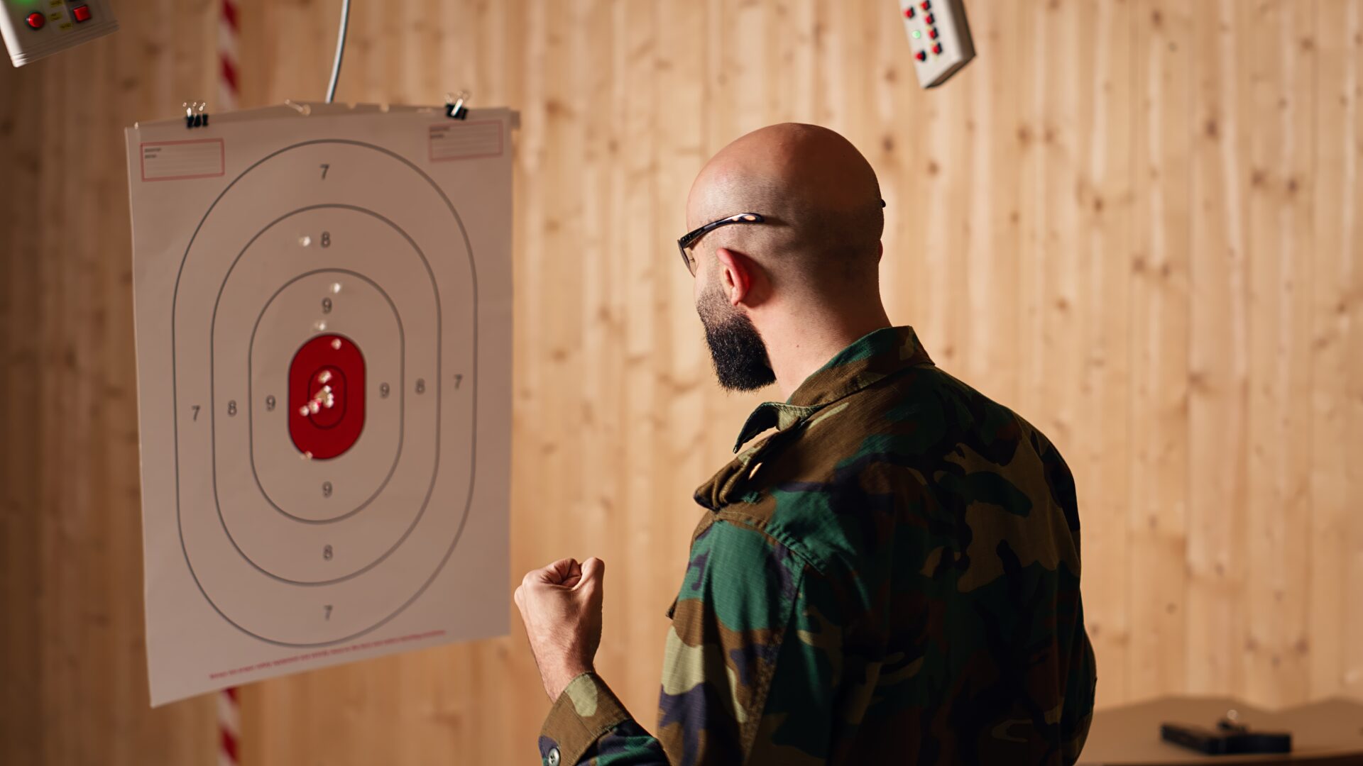 Military man in firing range checking to see if he shot bullseye